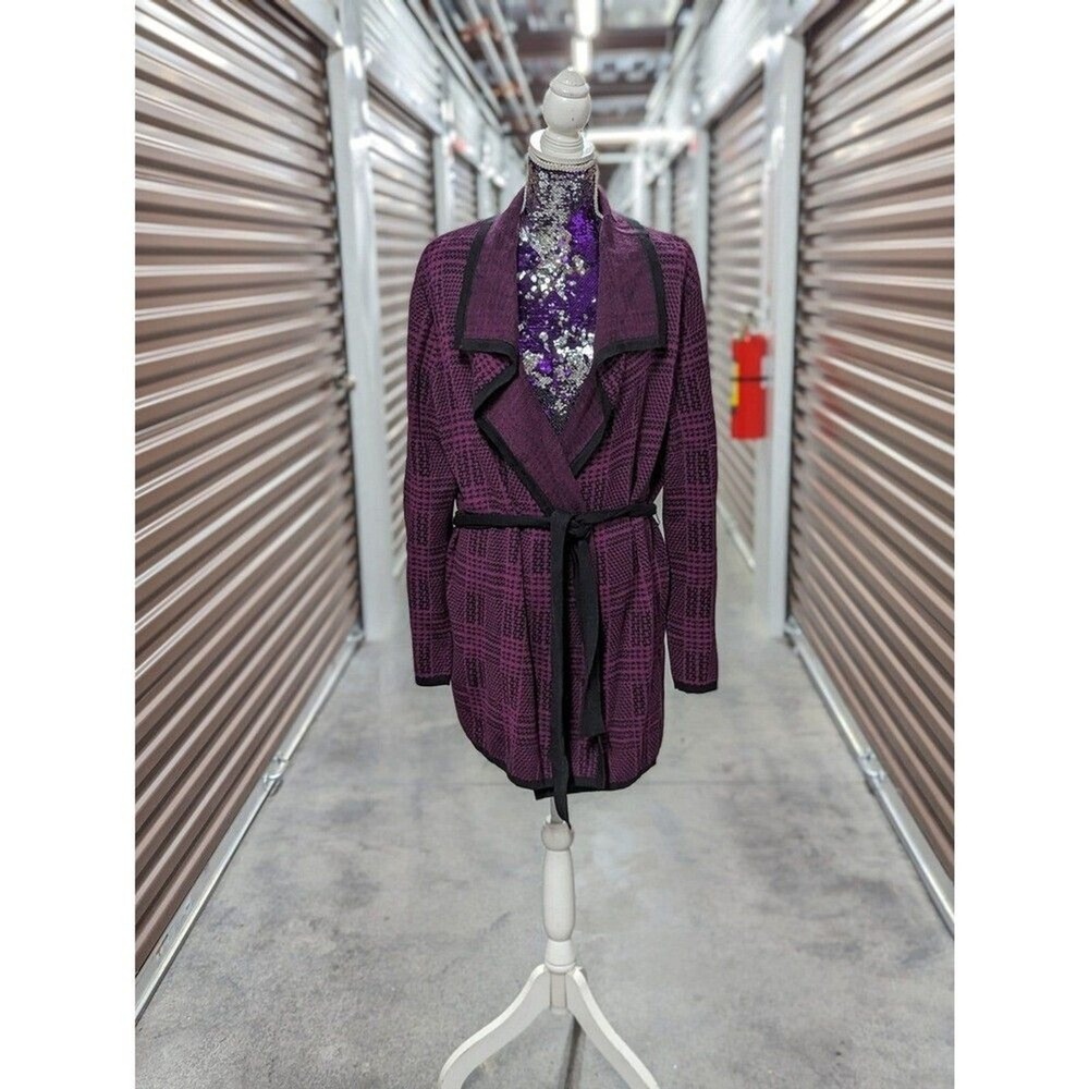 Purple & Black Houndstooth Collared Cardigan Sweaterā with Belt Quiet Luxury XL